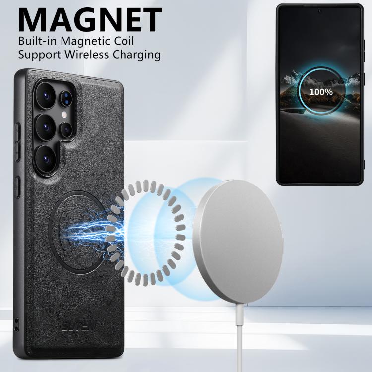 For Samsung Galaxy S22 Ultra 5G Suteni G5 Cowhide Leather Magnetic Phone Case