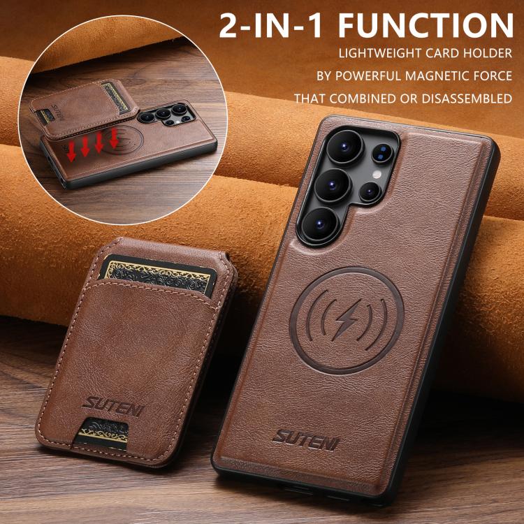 For Samsung Galaxy S22 Ultra 5G Suteni M5 Magnetic Card Bag MagSafe Cowhide Texture Leather Phone Case