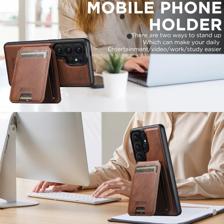 For Samsung Galaxy S26 Ultra 5G Suteni M5 Magnetic Card Bag MagSafe Cowhide Texture Leather Phone Case