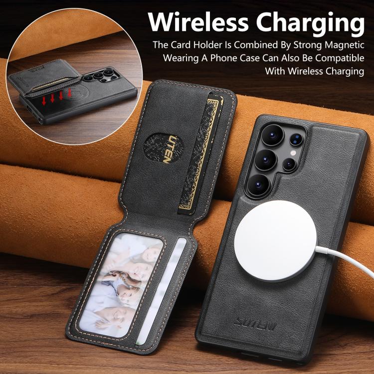 For Samsung Galaxy S25 Ultra 5G Suteni M3 Card Bag MagSafe Cowhide Texture Leather Phone Case