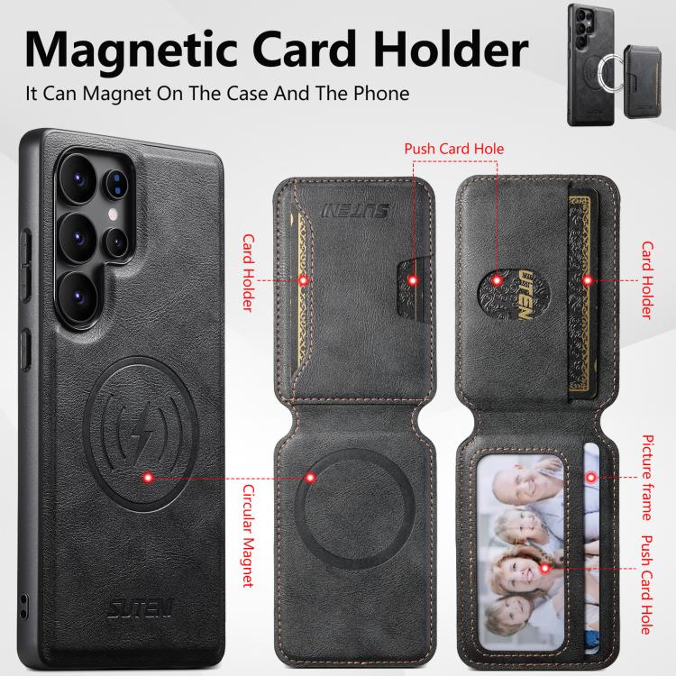 For Samsung Galaxy S25 Ultra 5G Suteni M3 Card Bag MagSafe Cowhide Texture Leather Phone Case