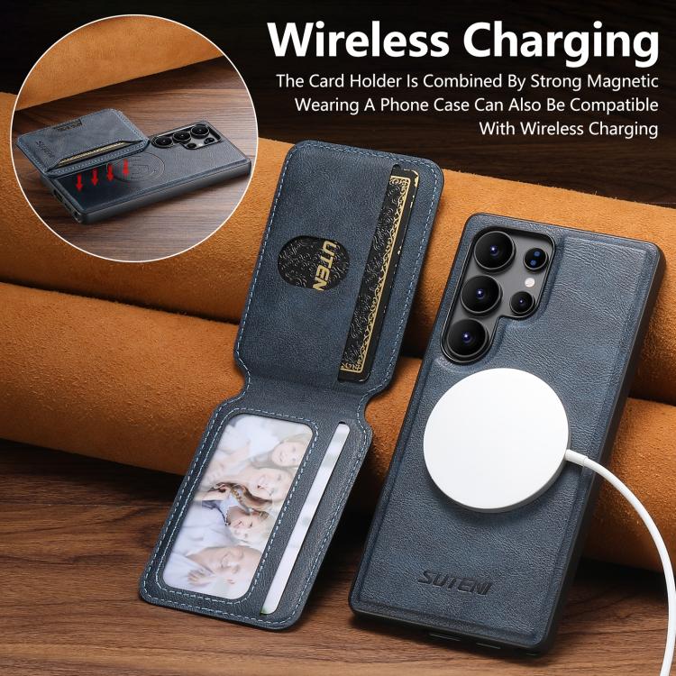 For Samsung Galaxy S25 Ultra 5G Suteni M3 Card Bag MagSafe Cowhide Texture Leather Phone Case