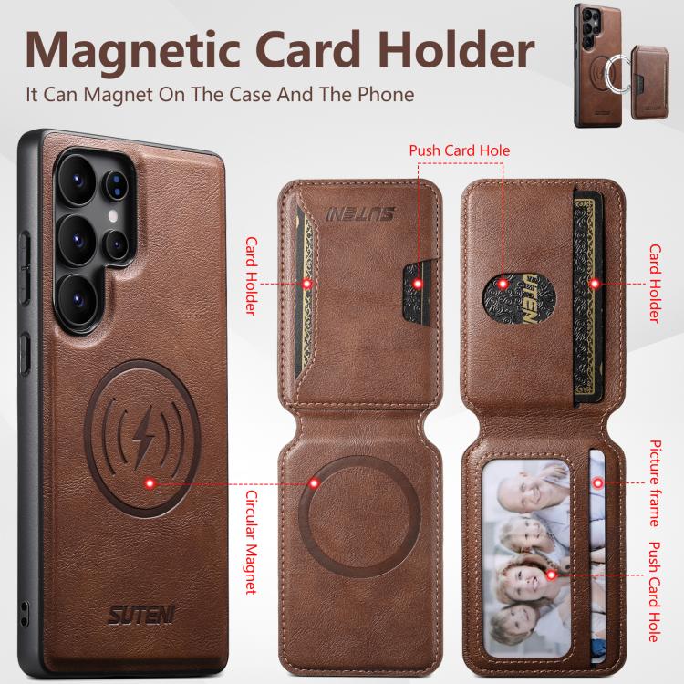 For Samsung Galaxy S24 Ultra 5G Suteni M3 Card Bag MagSafe Cowhide Texture Leather Phone Case