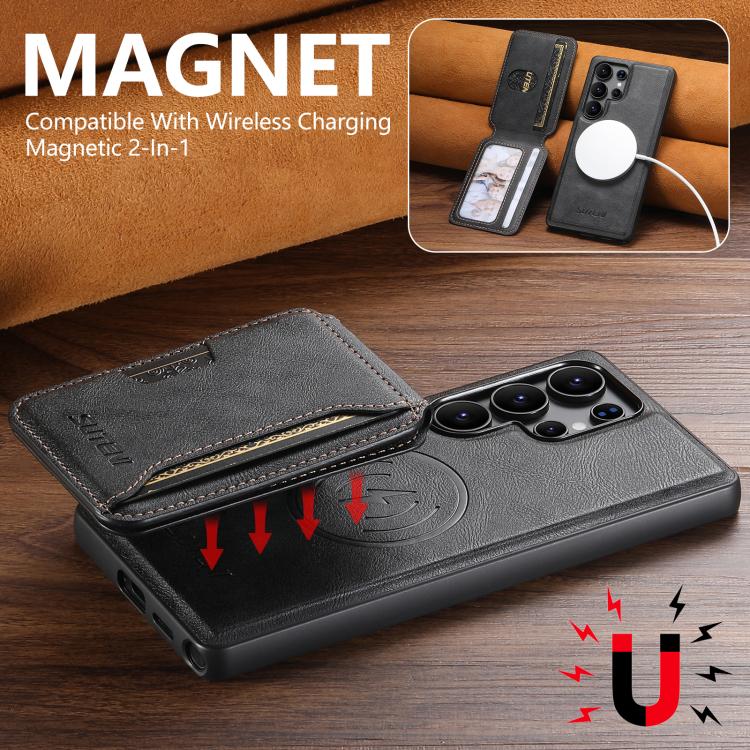 For Samsung Galaxy S23 Ultra 5G Suteni M3 Card Bag MagSafe Cowhide Texture Leather Phone Case