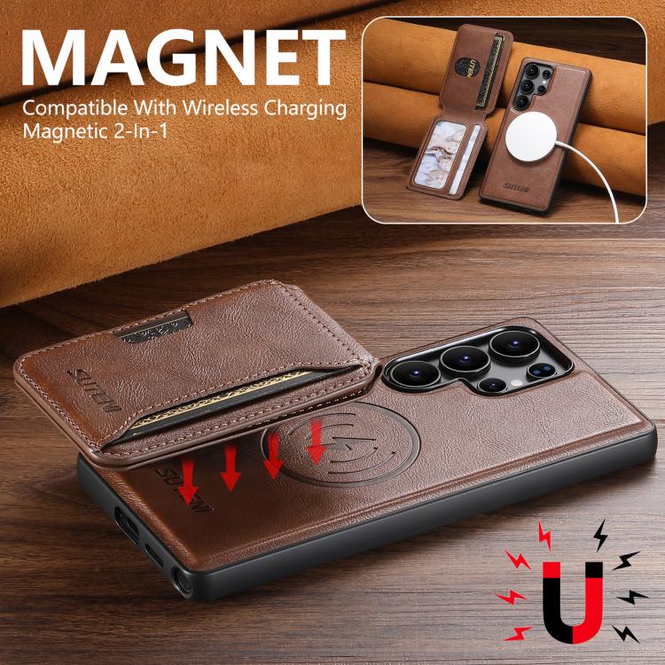 For Samsung Galaxy S23 Ultra 5G Suteni M3 Card Bag MagSafe Cowhide Texture Leather Phone Case