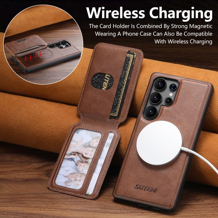 For Samsung Galaxy S22 Ultra 5G Suteni M3 Card Bag MagSafe Cowhide Texture Leather Phone Case
