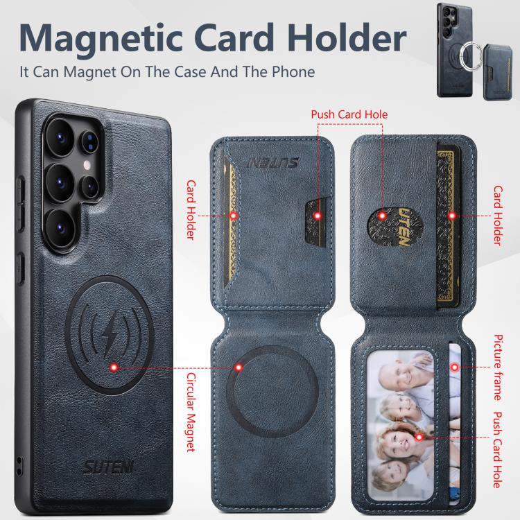 For Samsung Galaxy S22 Ultra 5G Suteni M3 Card Bag MagSafe Cowhide Texture Leather Phone Case