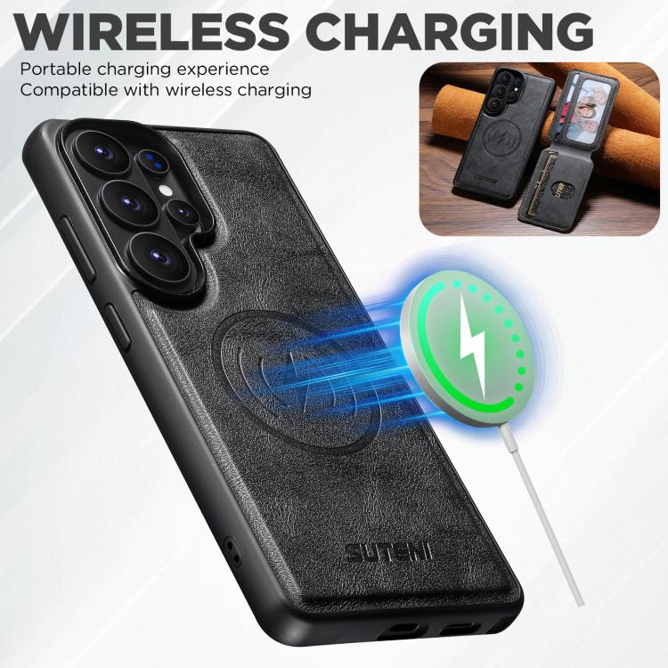 For Samsung Galaxy S26 Ultra 5G Suteni M3 Card Bag MagSafe Cowhide Texture Leather Phone Case