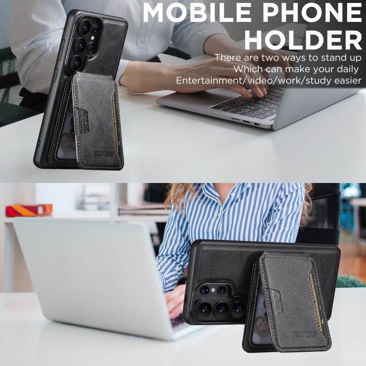 For Samsung Galaxy S26 Ultra 5G Suteni M3 Card Bag MagSafe Cowhide Texture Leather Phone Case