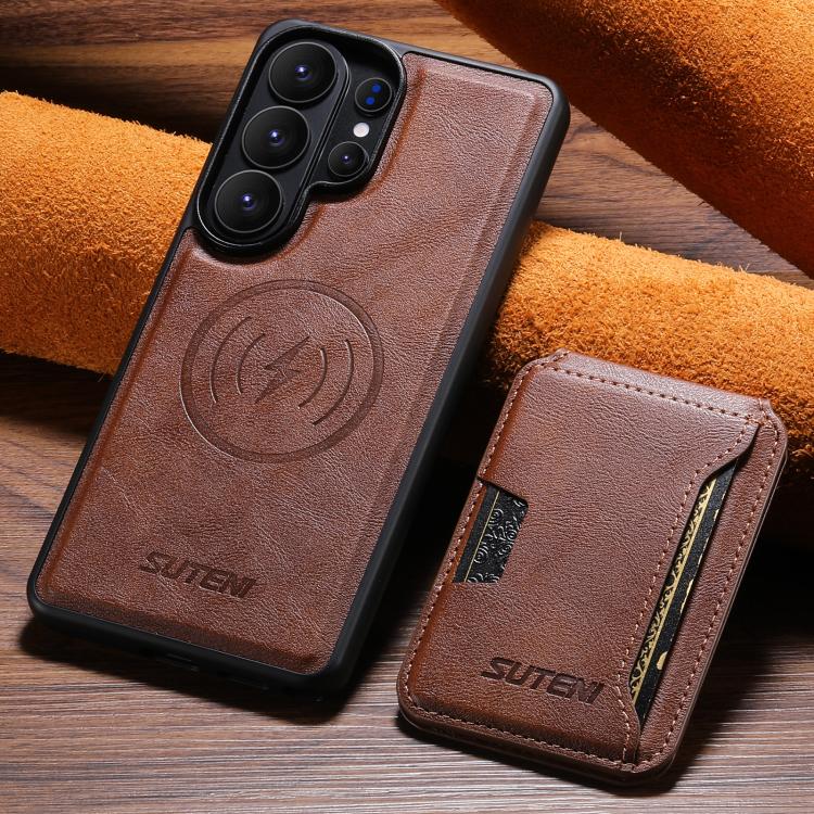 For Samsung Galaxy S26 Ultra 5G Suteni M3 Card Bag MagSafe Cowhide Texture Leather Phone Case