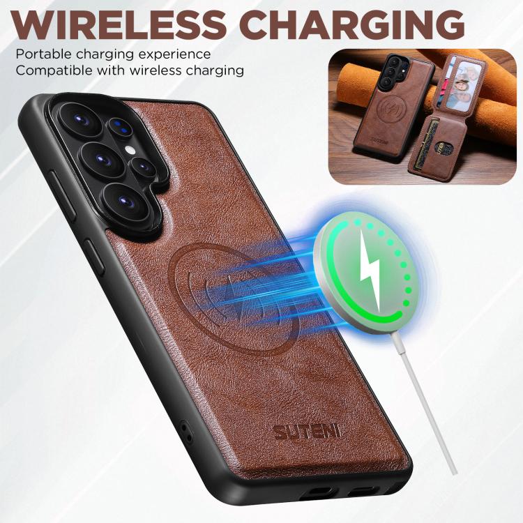 For Samsung Galaxy S26 Ultra 5G Suteni M3 Card Bag MagSafe Cowhide Texture Leather Phone Case