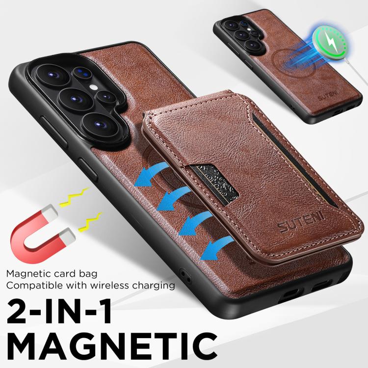 For Samsung Galaxy S26 Ultra 5G Suteni M3 Card Bag MagSafe Cowhide Texture Leather Phone Case