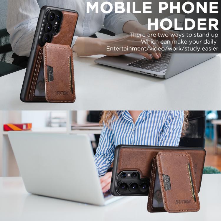 For Samsung Galaxy S26 Ultra 5G Suteni M3 Card Bag MagSafe Cowhide Texture Leather Phone Case