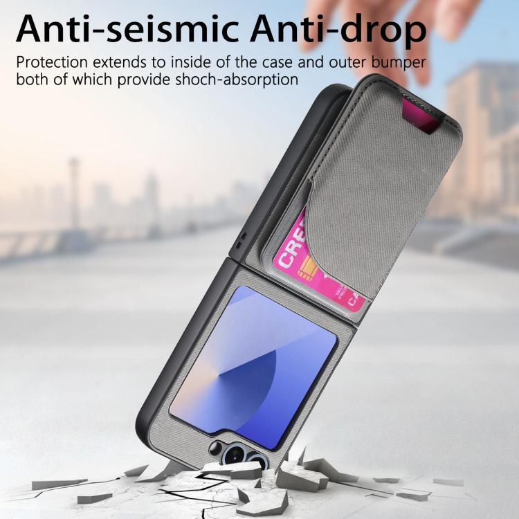 For Samsung Galaxy Z Flip6 / Flip7 FE Twill Fabric Leather Skin Card Bag Magnetic Back Phone Case