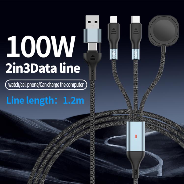 1.2m 2-in-3 100W PD Fast Charging Date Cable for Phone and Watch