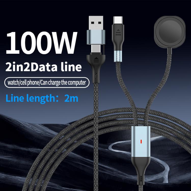 2m 2-in-2 100W PD Fast Charging Date Cable for Phone and Watch