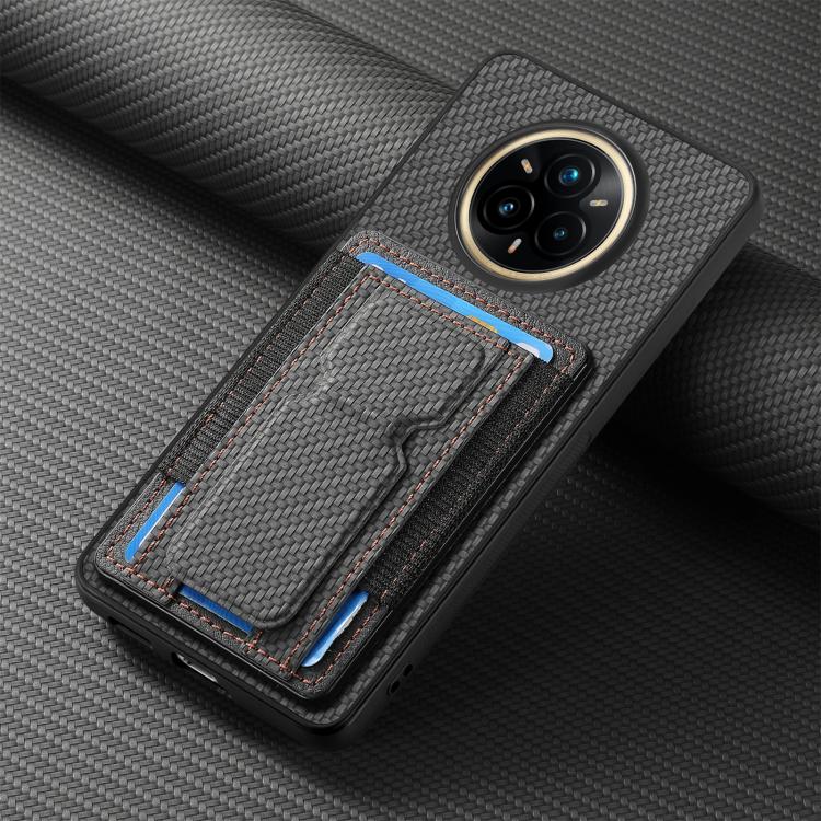 For Realme 14 Pro+ Carbon Fiber Fold Stand Elastic Card Bag Phone Case
