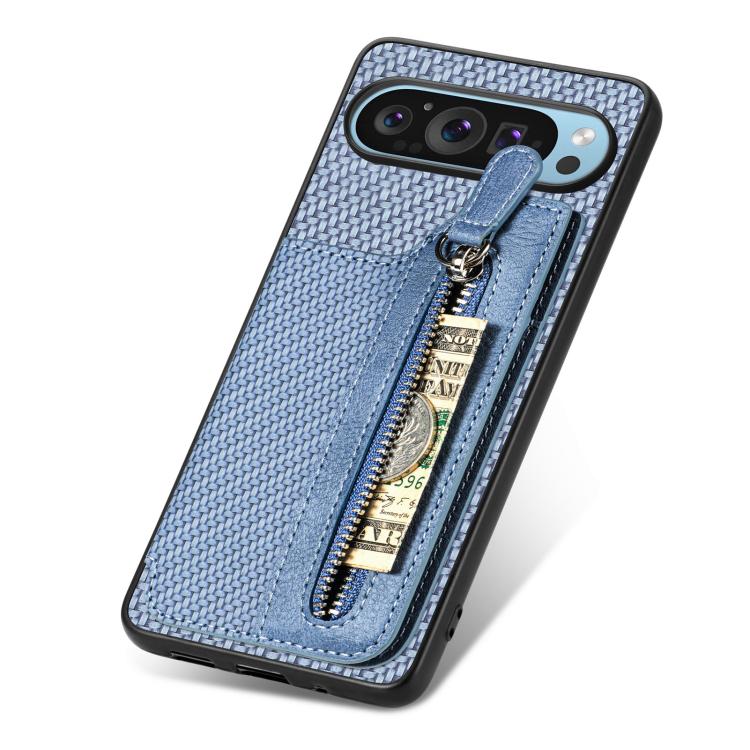 For Google Pixel 9 / 9 Pro Carbon Fiber Horizontal Flip Zipper Wallet Phone Case