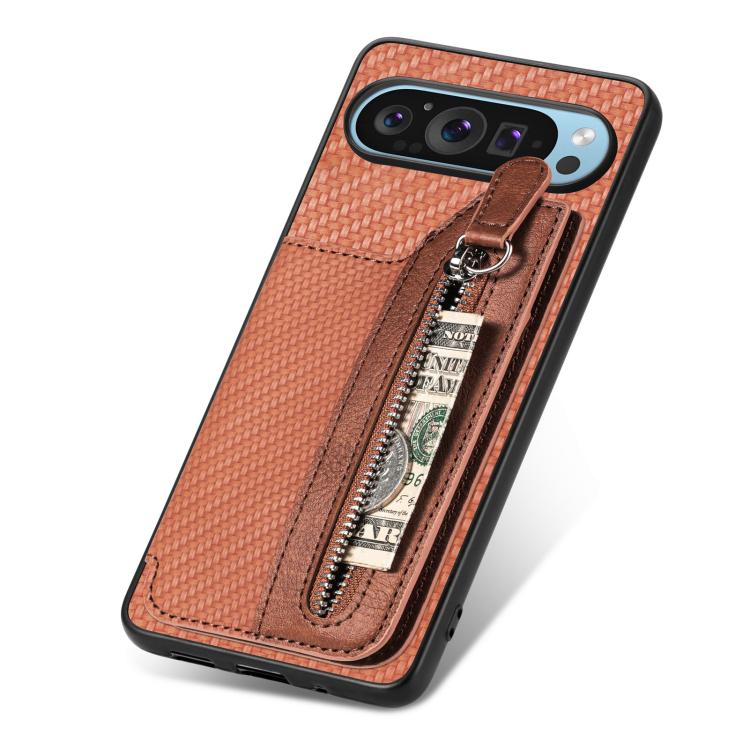 For Google Pixel 9 Pro XL Carbon Fiber Horizontal Flip Zipper Wallet Phone Case