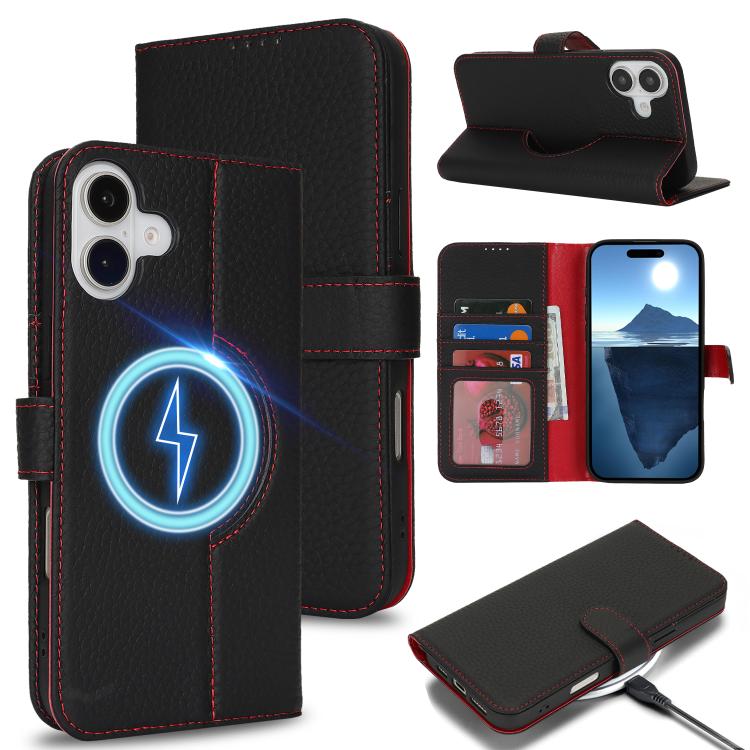 For iPhone 15 Genuine Leather Card Wallet MagSafe Phone Case