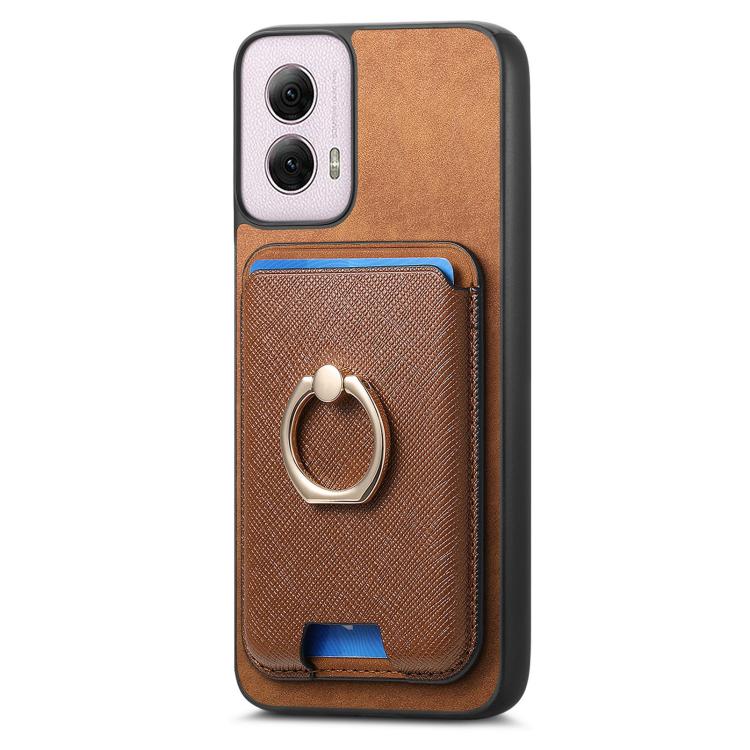 For Motorola Moto G35 Retro Cross Leather Ring Vertical Insert Card Bag MagSafe Phone Case