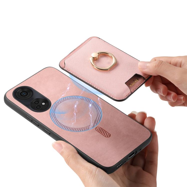 For OPPO Reno12 Global Retro Cross Leather Ring Vertical Insert Card Bag MagSafe Phone Case