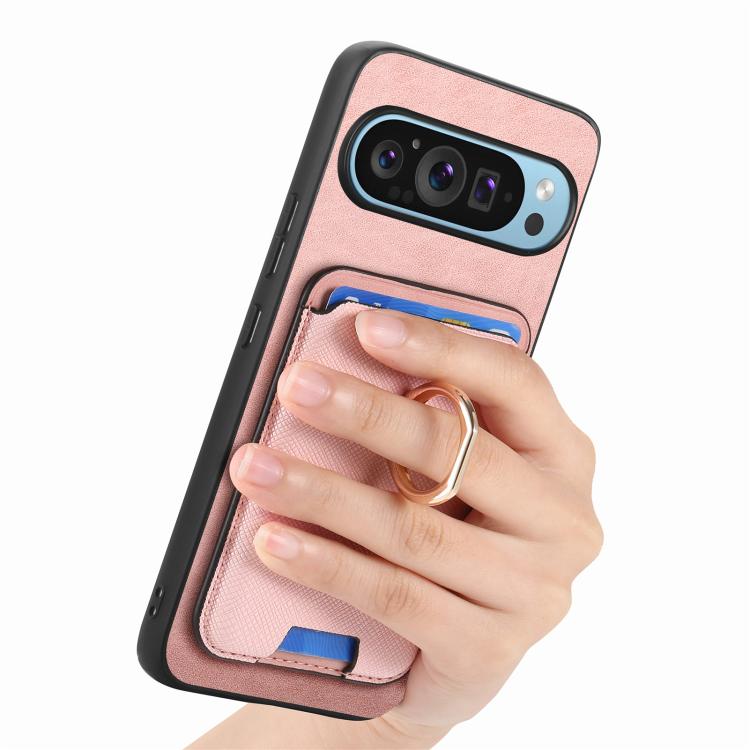 For Google Pixel 9a Retro Cross Leather Ring Vertical Insert Card Bag MagSafe Phone Case