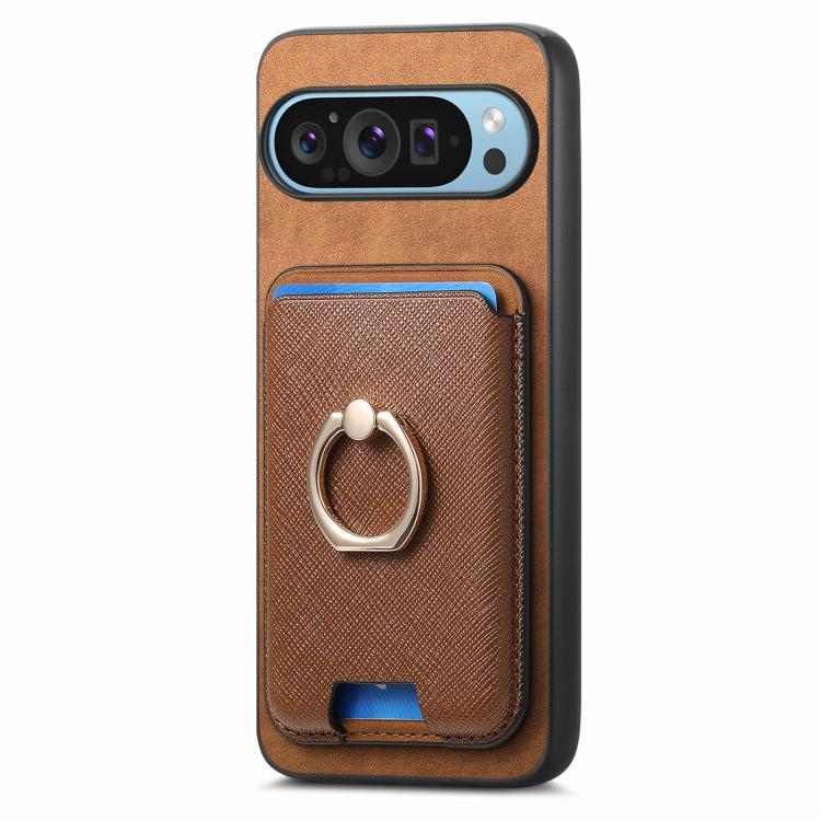 For Google Pixel 9a Retro Cross Leather Ring Vertical Insert Card Bag MagSafe Phone Case