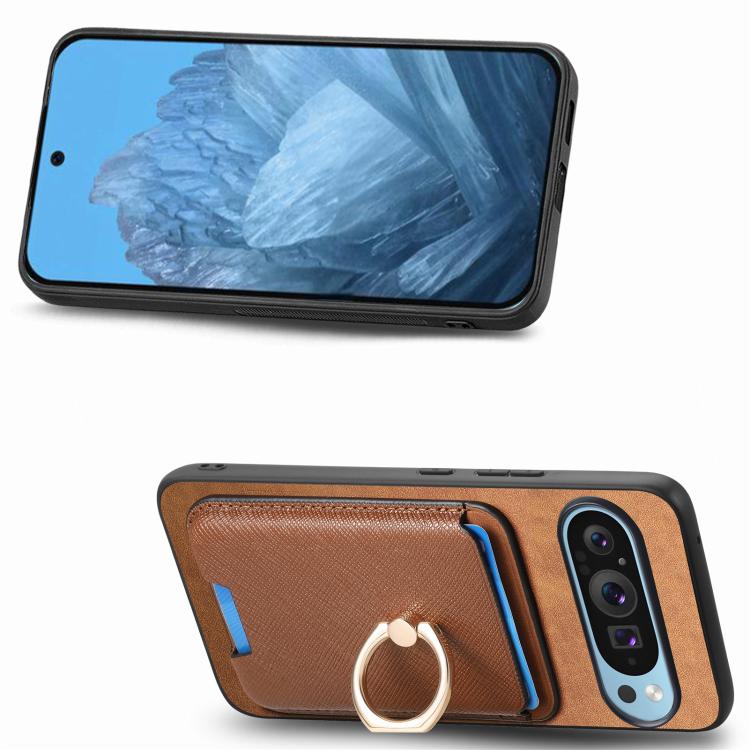 For Google Pixel 9a Retro Cross Leather Ring Vertical Insert Card Bag MagSafe Phone Case