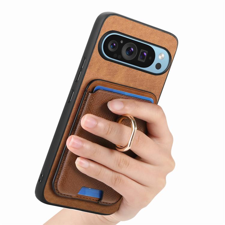 For Google Pixel 9a Retro Cross Leather Ring Vertical Insert Card Bag MagSafe Phone Case