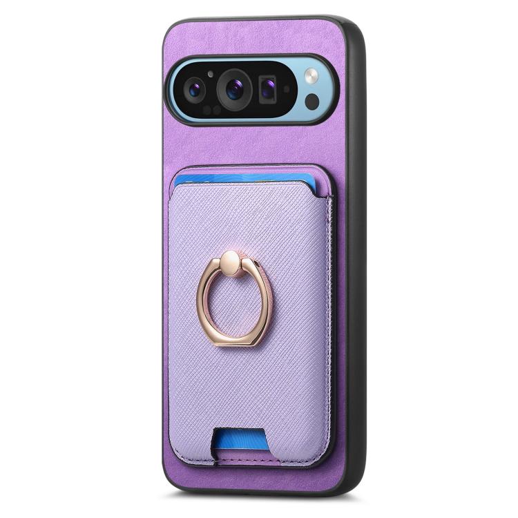 For Google Pixel 9 Pro XL Retro Cross Leather Ring Vertical Insert Card Bag MagSafe Phone Case