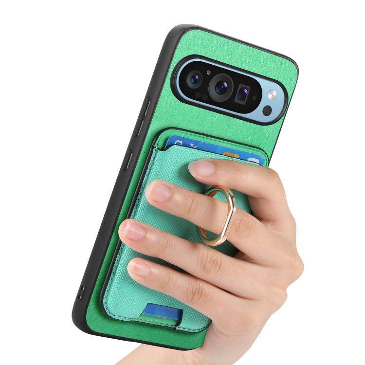 For Google Pixel 9 Pro XL Retro Cross Leather Ring Vertical Insert Card Bag MagSafe Phone Case