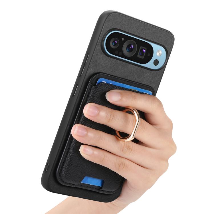 For Google Pixel 9 Pro XL Retro Cross Leather Ring Vertical Insert Card Bag MagSafe Phone Case