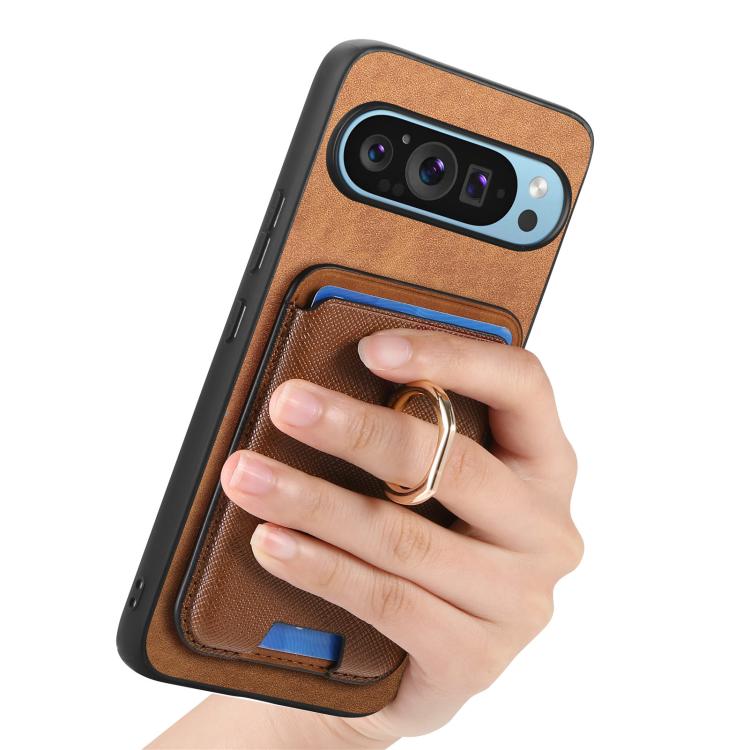 For Google Pixel 10 / 10 Pro Retro Cross Leather Ring Vertical Insert Card Bag MagSafe Phone Case