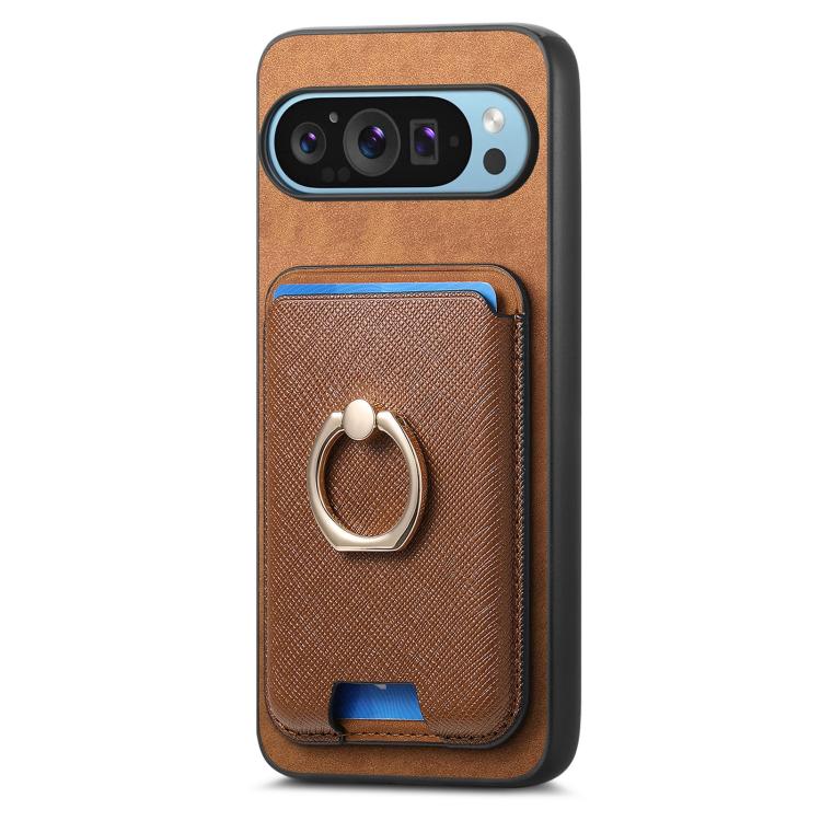 For Google Pixel 10 Pro XL Retro Cross Leather Ring Vertical Insert Card Bag MagSafe Phone Case