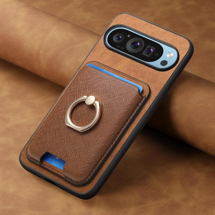For Google Pixel 10 Pro XL Retro Cross Leather Ring Vertical Insert Card Bag MagSafe Phone Case