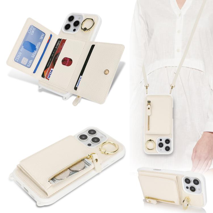 For iPhone 11 Crossbody Zipper Wallet Ring Holder Litchi Leather Phone Case