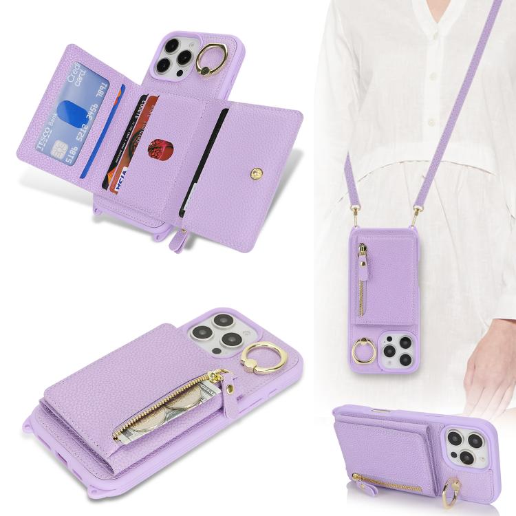 For iPhone 11 Crossbody Zipper Wallet Ring Holder Litchi Leather Phone Case