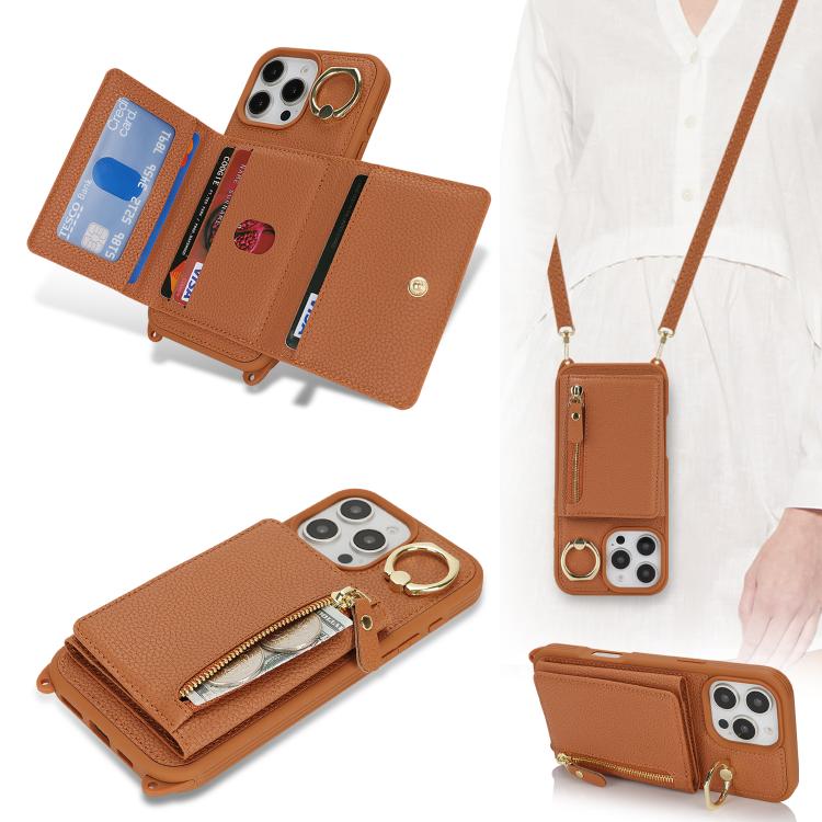 For iPhone 11 Crossbody Zipper Wallet Ring Holder Litchi Leather Phone Case