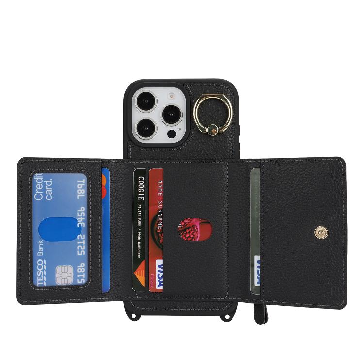 For iPhone 11 Pro Crossbody Zipper Wallet Ring Holder Litchi Leather Phone Case