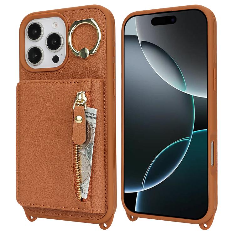 For iPhone 11 Pro Max Crossbody Zipper Wallet Ring Holder Litchi Leather Phone Case