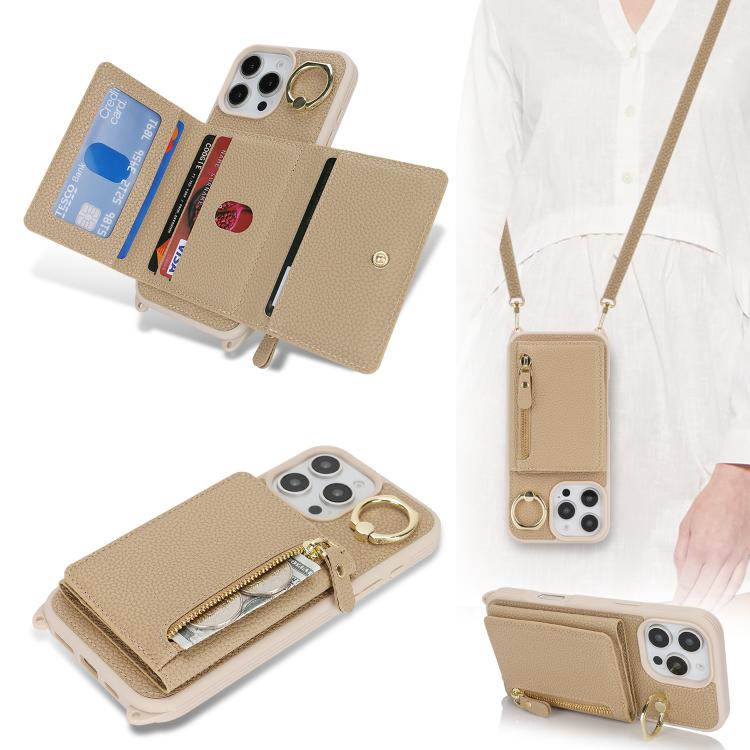 For iPhone 13 Pro Crossbody Zipper Wallet Ring Holder Litchi Leather Phone Case