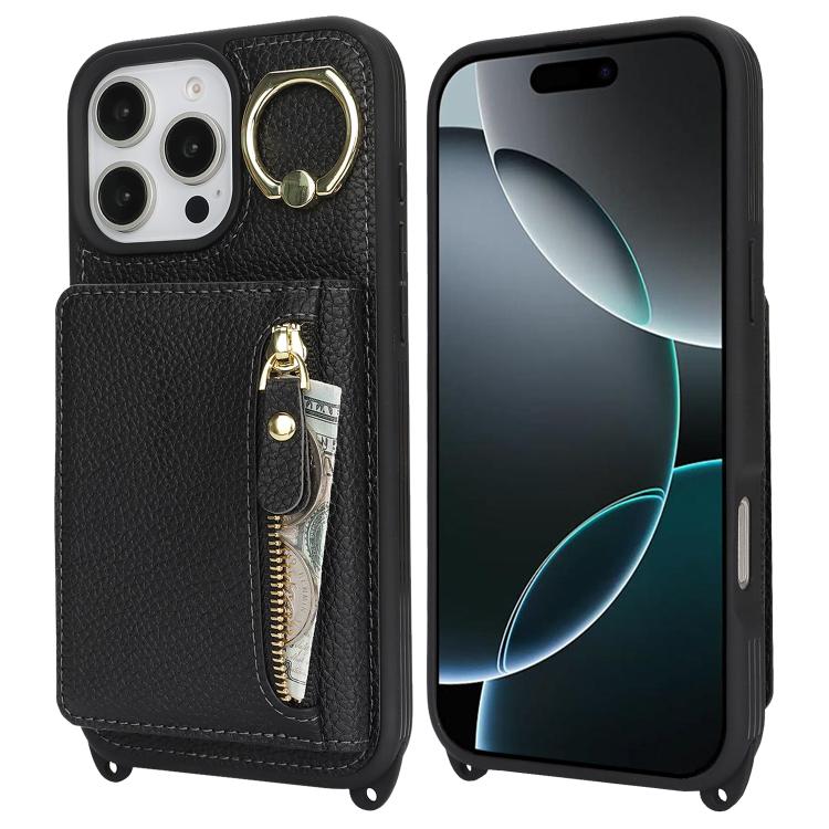 For iPhone 13 Pro Crossbody Zipper Wallet Ring Holder Litchi Leather Phone Case