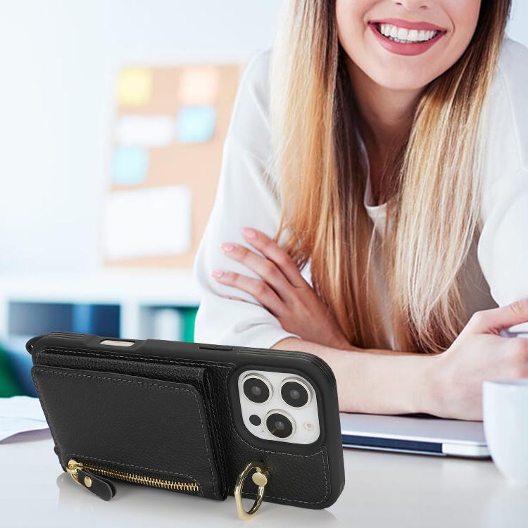 For iPhone 13 Pro Crossbody Zipper Wallet Ring Holder Litchi Leather Phone Case