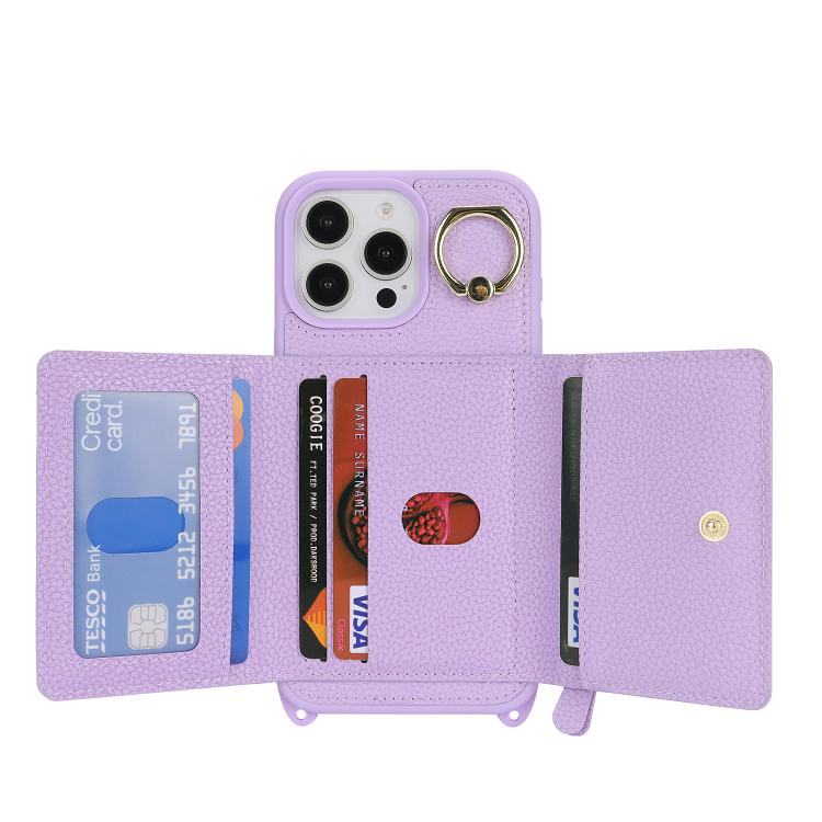 For iPhone 14 Pro Max Crossbody Zipper Wallet Ring Holder Litchi Leather Phone Case