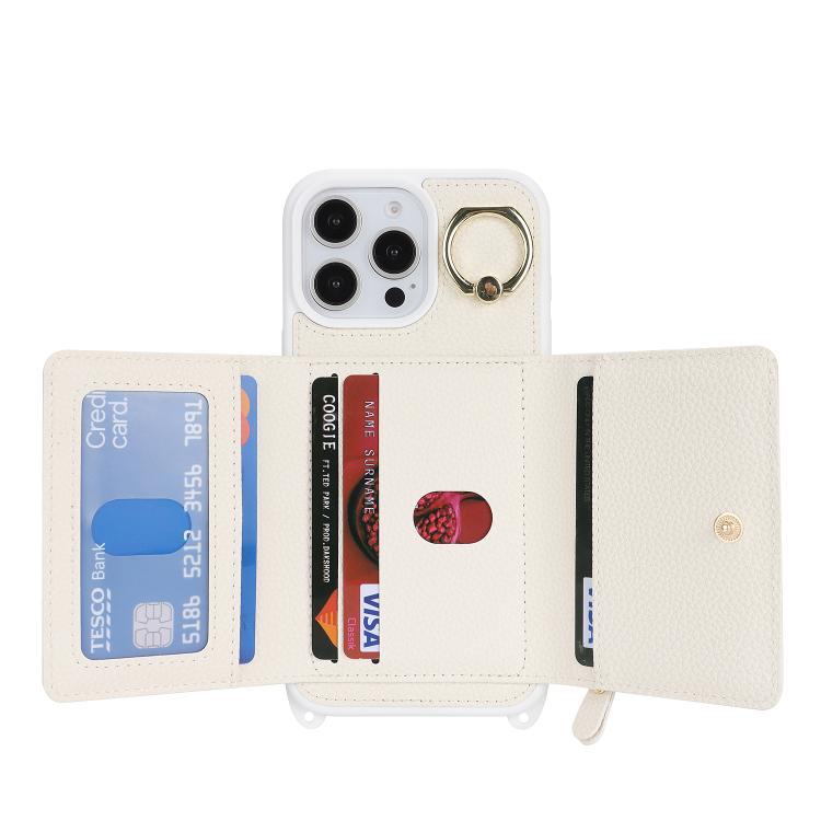 For iPhone 15 Plus / 14 Plus Crossbody Zipper Wallet Ring Holder Litchi Leather Phone Case