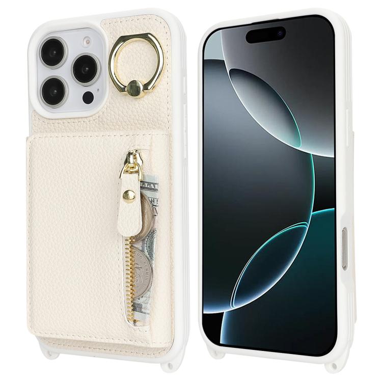 For iPhone 15 Crossbody Zipper Wallet Ring Holder Litchi Leather Phone Case