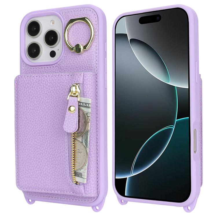 For iPhone 16 Pro Crossbody Zipper Wallet Ring Holder Litchi Leather Phone Case