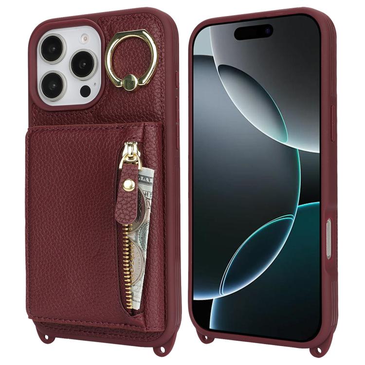 For iPhone 16 Pro Crossbody Zipper Wallet Ring Holder Litchi Leather Phone Case