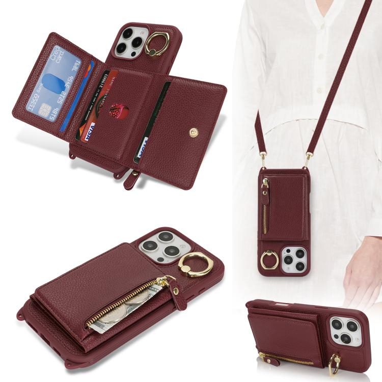 For iPhone 16 Pro Crossbody Zipper Wallet Ring Holder Litchi Leather Phone Case
